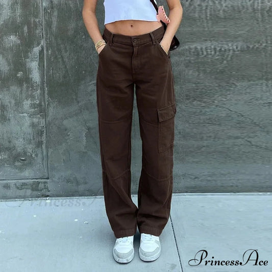 Women Denim Army Green Black Brown Solid Color Casual Fashion Chic Female Cool Girls Streetwear Jeans Brown / S