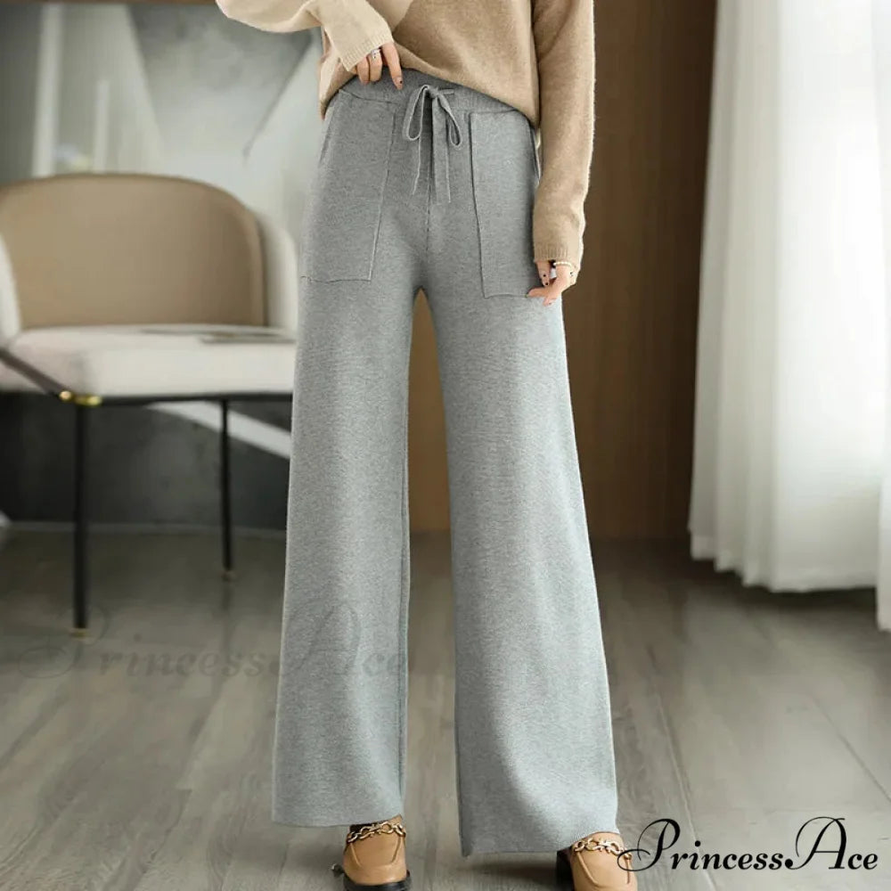 Women Drawstring Straight Leg Vintage Low Rise Striped Knitted Lounge Pants GRAY / M