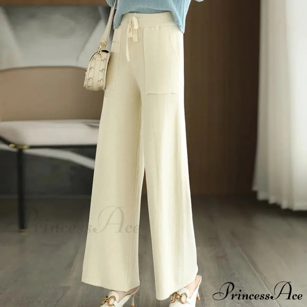 Women Drawstring Straight Leg Vintage Low Rise Striped Knitted Lounge Pants WHITE / M