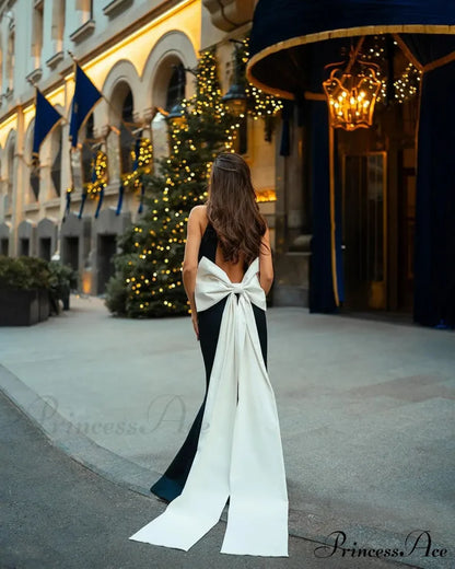 Women Elegant Back Trailing Bow Tie Maxi Dress Christmas Party Dress black white / S