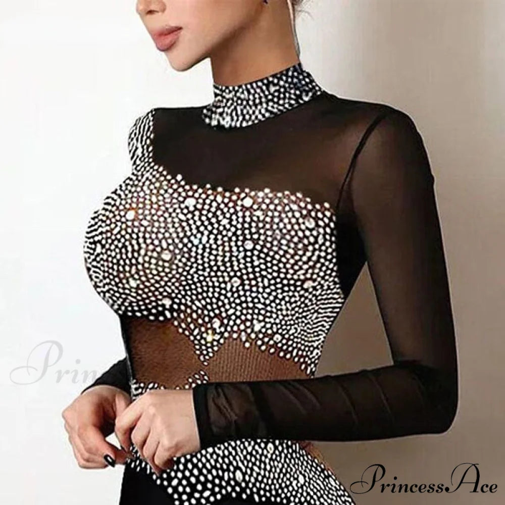 Women Elegant Rhinestone Decor Mesh Bodycon Dress