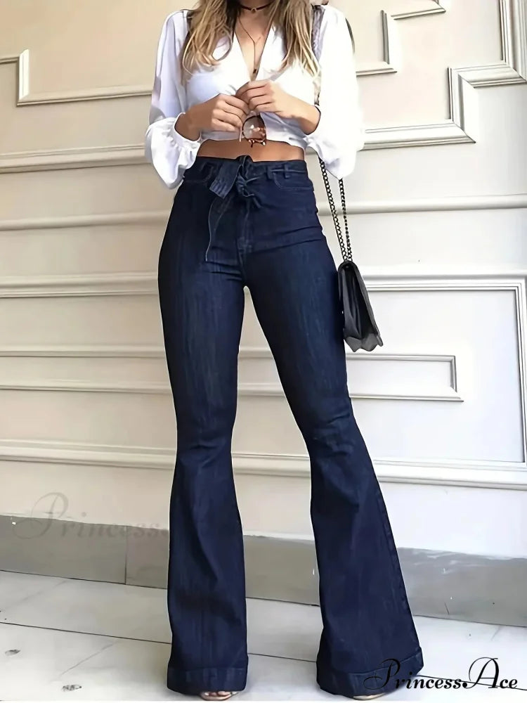 Women Fashion Blue Denim High-Stretch Bell Bottom Legs Denim Pants Women Solid Color High Waist Flare Jeans Blue / S