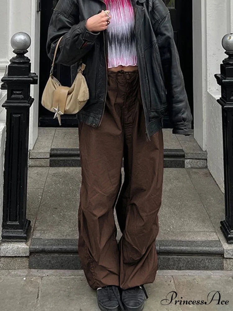 Women Fashion Casual Drawstring y2k Pants Brown 1 / S