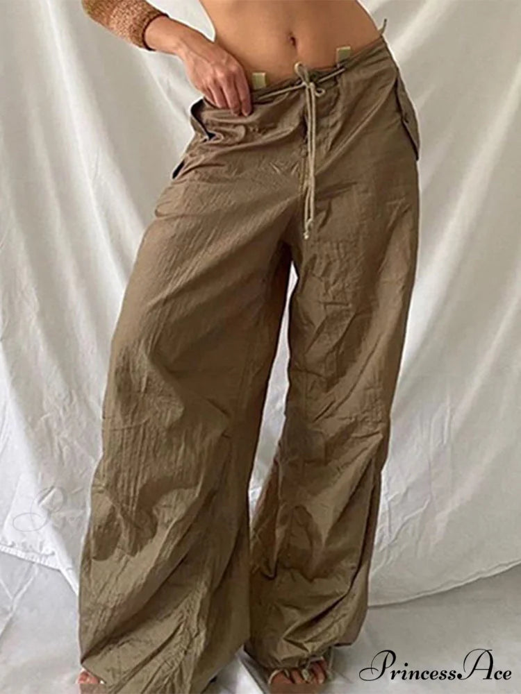 Women Fashion Casual Drawstring y2k Pants Brown 2 / S