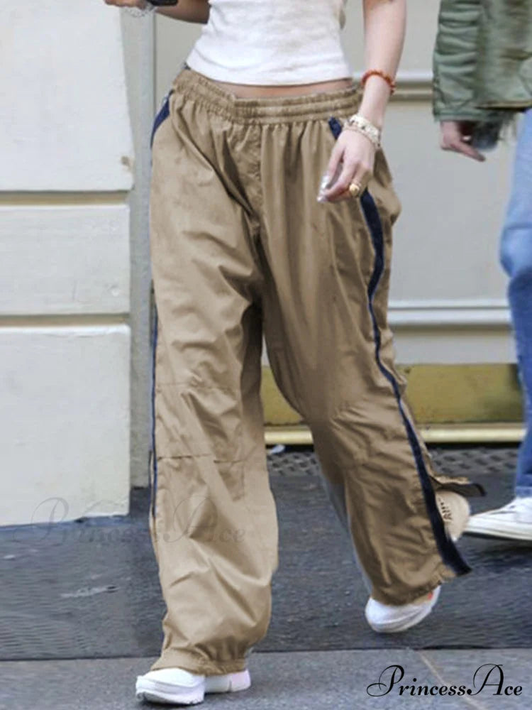 Women Fashion Casual Drawstring y2k Pants Khaki / S