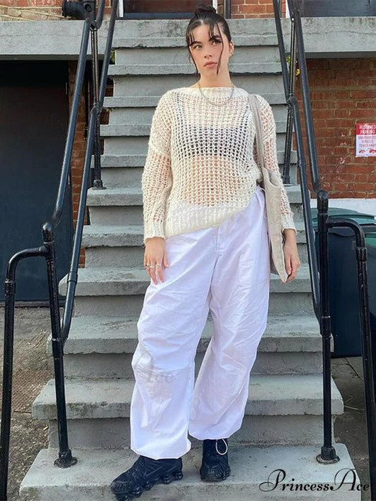 Women Fashion Casual Drawstring y2k Pants White / S