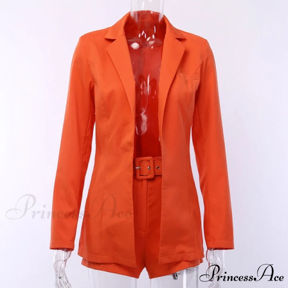 Women Fashion Elegant Two Piece Blazer Set Orange / S