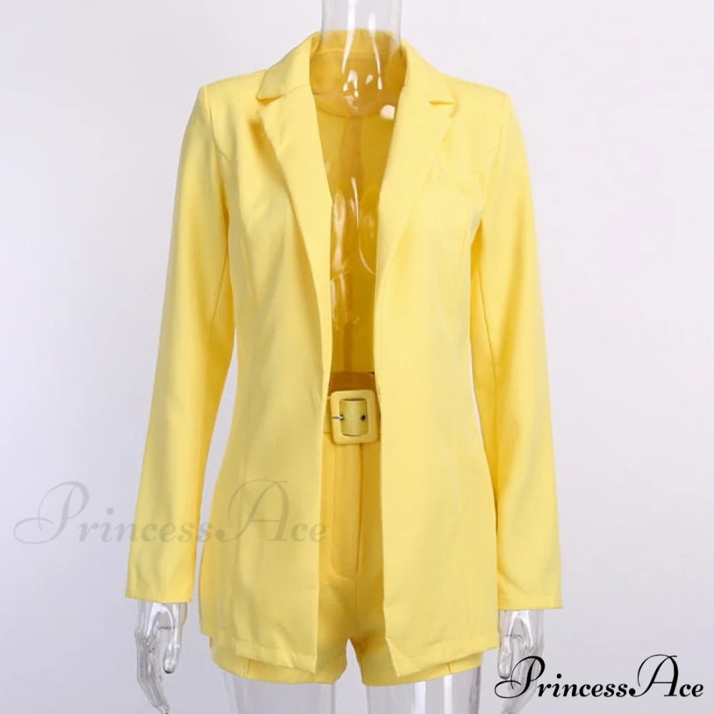 Women Fashion Elegant Two Piece Blazer Set Yellow / S