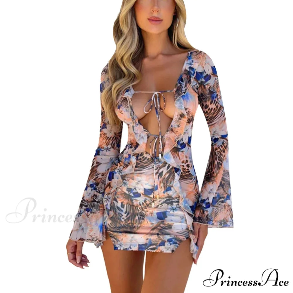 Women Fashion Ruffle Bodycon Low Cut Front Tie-Up Hollow Out Backless Short Summer Beach Sun Cut Out Dress BLUE / S