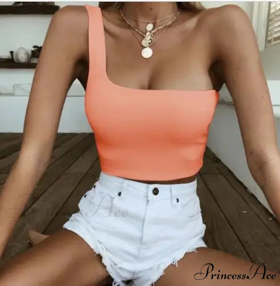 Women Female One Shoulder Crops Sleeveless Summer Beach Vest Bare Midriff Summer Fashion Clothes Tank top Orange / S