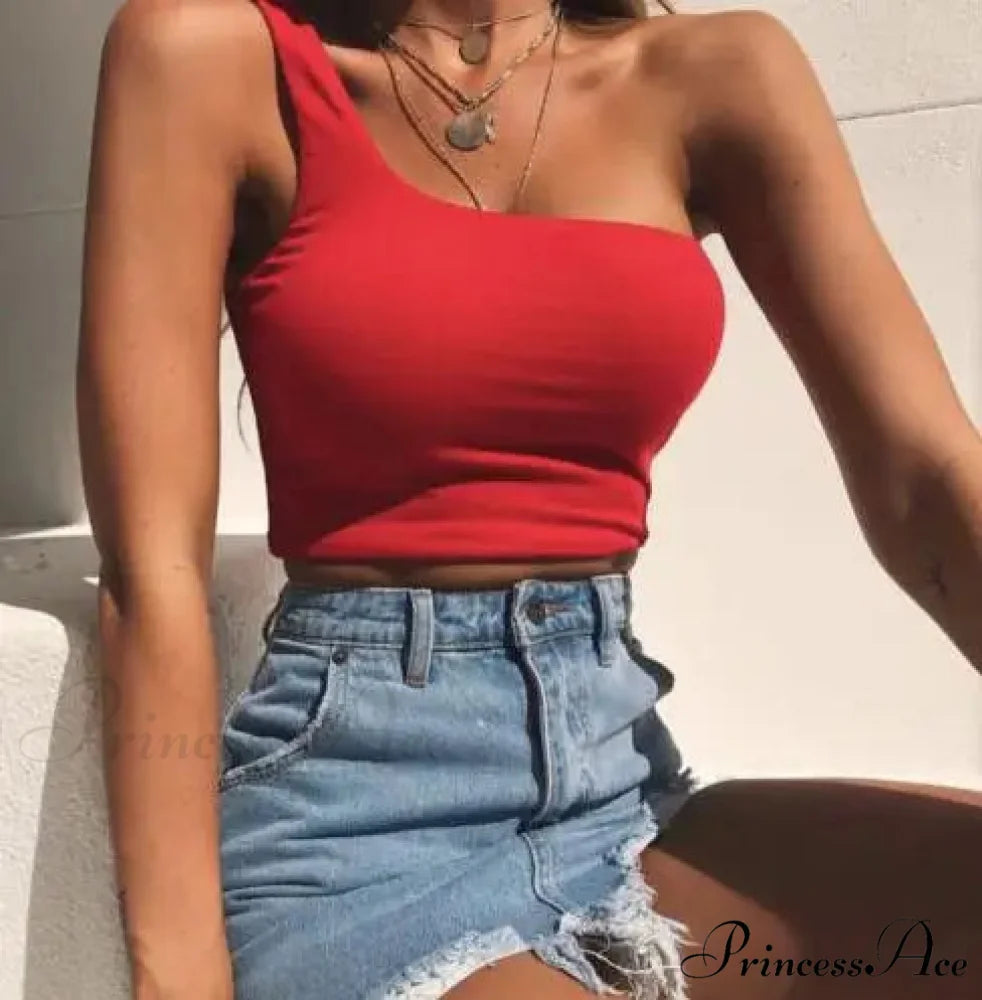 Women Female One Shoulder Crops Sleeveless Summer Beach Vest Bare Midriff Summer Fashion Clothes Tank top Red / S