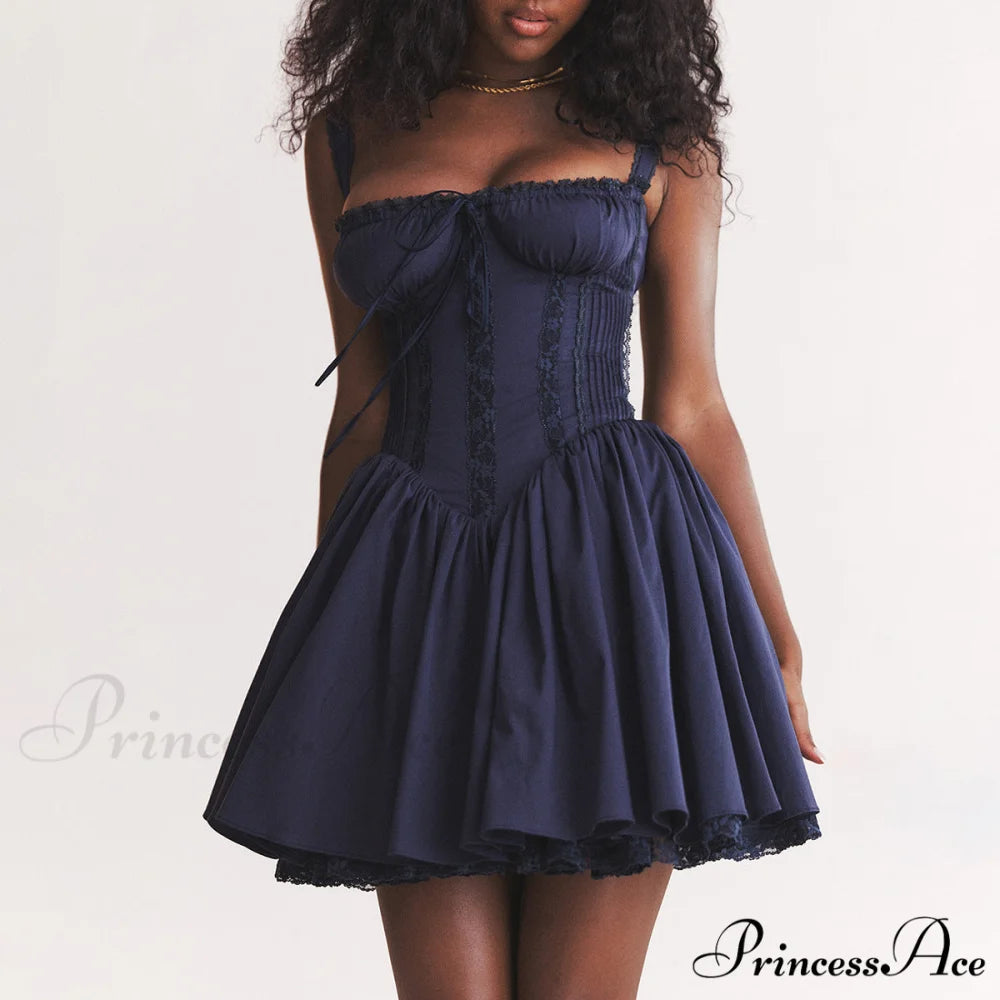 Women Festive Clothing Up A Lace Spaghetti Line White Gown Mini Party Elegant Strap Casual Warm-Season 2024 Dark blue