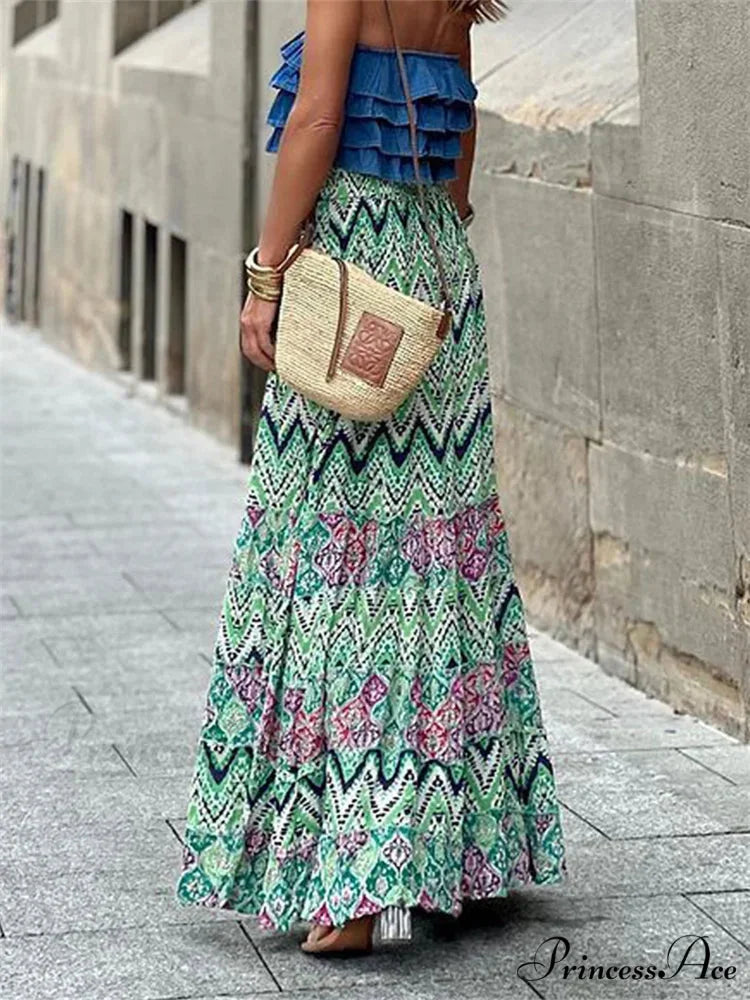 Women Flowy Boho Skirt Printed Ruffled Hem Summer Vacation Club Skirt Flowy Boho Skirt Printed Ruffled Hem Vacation