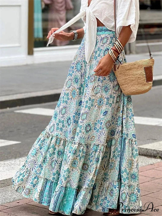 Women Flowy Boho Skirt Printed Ruffled Hem Summer Vacation Club Skirt Flowy Boho Skirt Printed Ruffled Hem Vacation