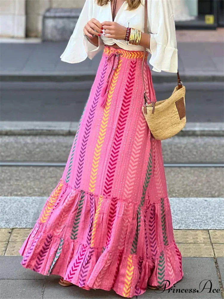 Women Flowy Boho Skirt Printed Ruffled Hem Summer Vacation Club Skirt Flowy Boho Skirt Printed Ruffled Hem Vacation