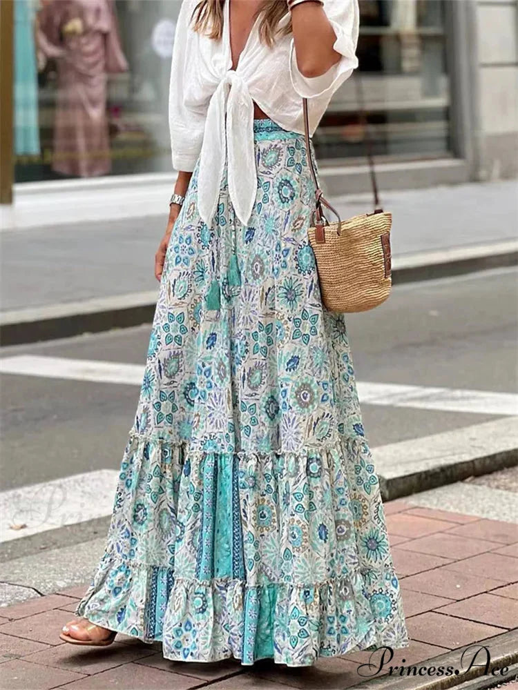 Women Flowy Boho Skirt Printed Ruffled Hem Summer Vacation Club Skirt Flowy Boho Skirt Printed Ruffled Hem Vacation