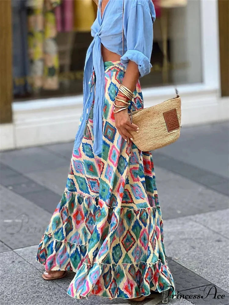 Women Flowy Boho Skirt Printed Ruffled Hem Summer Vacation Club Skirt Flowy Boho Skirt Printed Ruffled Hem Vacation