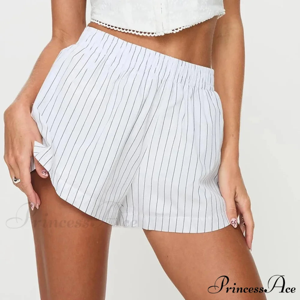 Women Gingham Boxer Striped Elastic High Waist Pajama Plaid Printed Button Lounge Short WHITE / S