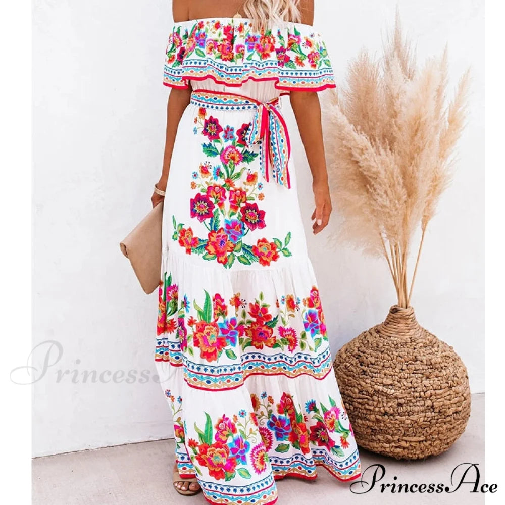 Women Gown Flowered Shoulder Streetwear Warm-Season for Off White - Elegant Casual Party The Long Style
