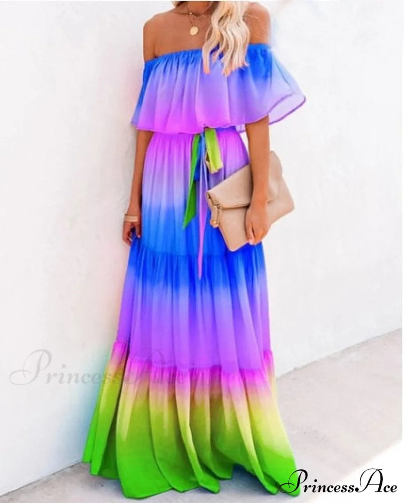 Women Gown Flowered Shoulder Streetwear Warm-Season for Off White - Elegant Casual Party The Long Style Blue / XXL