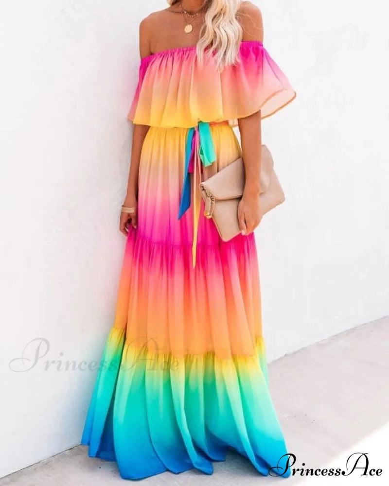 Women Gown Flowered Shoulder Streetwear Warm-Season for Off White - Elegant Casual Party The Long Style Pink / XXL