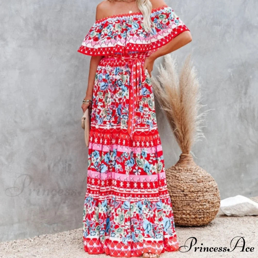 Women Gown Flowered Shoulder Streetwear Warm-Season for Off White - Elegant Casual Party The Long Style Red print / XXL