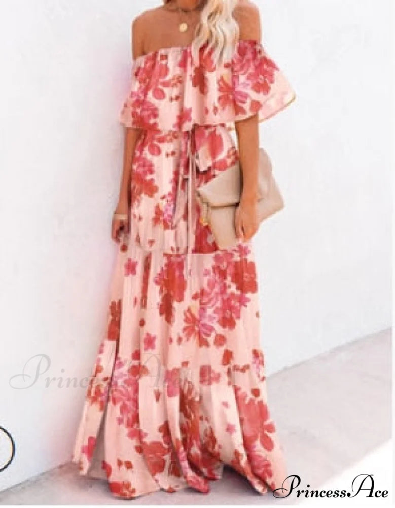 Women Gown Flowered Shoulder Streetwear Warm-Season for Off White - Elegant Casual Party The Long Style Red transparent
