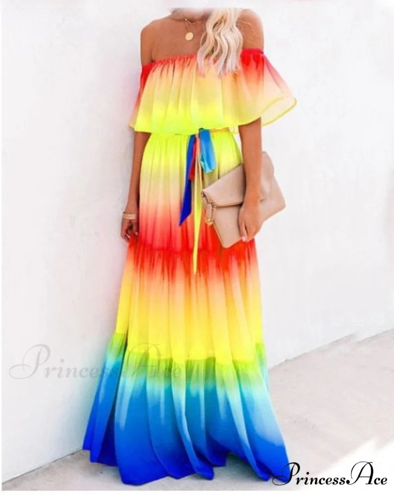 Women Gown Flowered Shoulder Streetwear Warm-Season for Off White - Elegant Casual Party The Long Style Yellow / XXL
