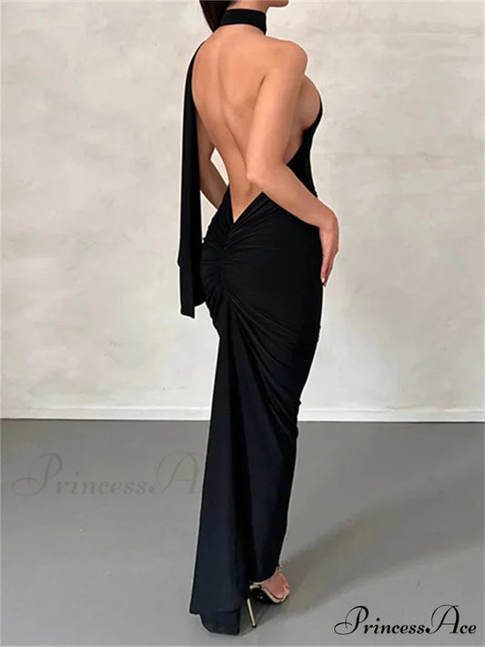 Women Halter Lace-up Sleeveless Off Shoulder Backless Ruched Party Club Solid Color Female Vestidos Black / S
