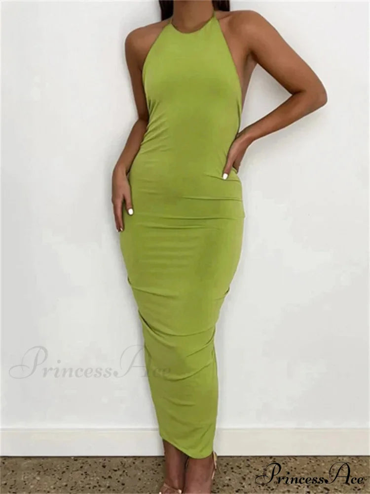 Women Halter Tie-up Backless Slim Fit Solid Ruched Summer Party Sleeveless Off Shoulder Vestido