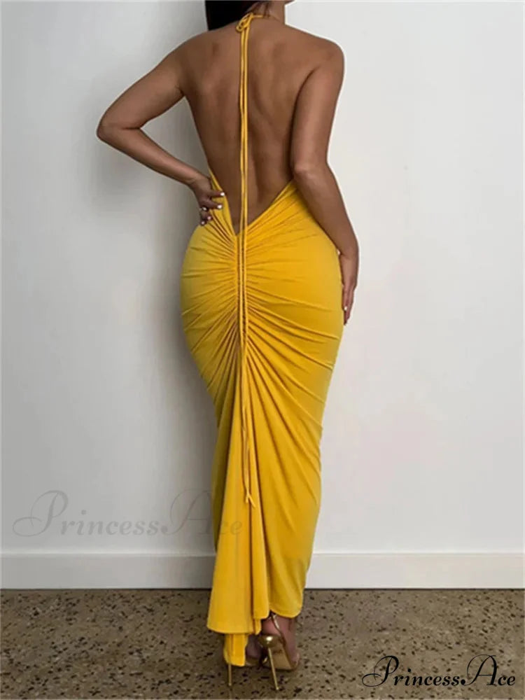 Women Halter Tie-up Backless Slim Fit Solid Ruched Summer Party Sleeveless Off Shoulder Vestido Yellow / S