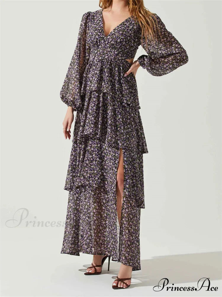 Women High Split Floral Print Puff Sleeve V Neck Layered Ruffles Hem Spring Fall Vestidos
