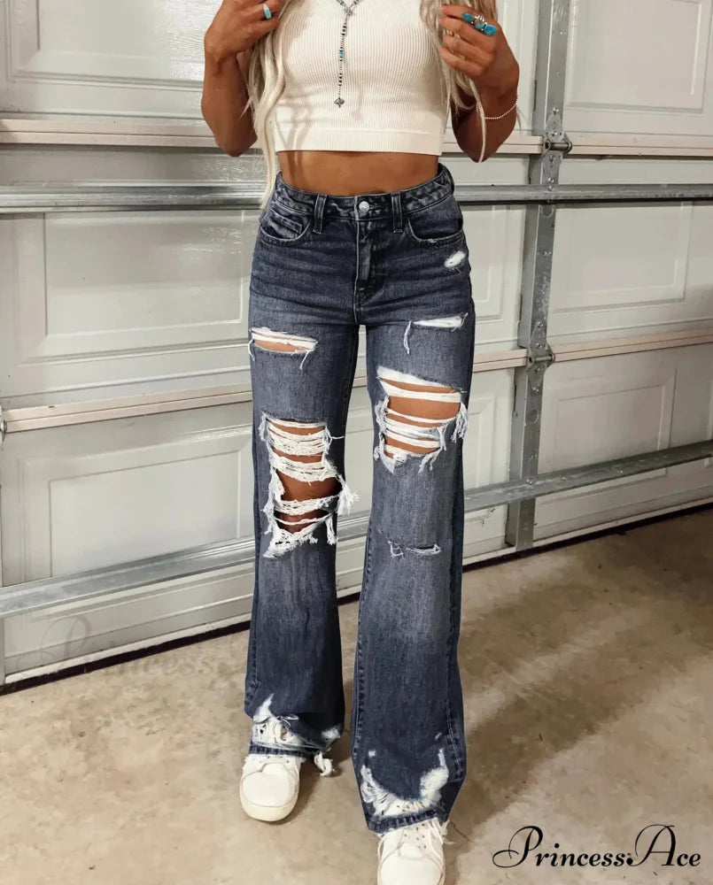 Women High Waist Loose Casual Ripped Hole Straight Pants 2024 Autumn New Drop Shipping Jean Black / S