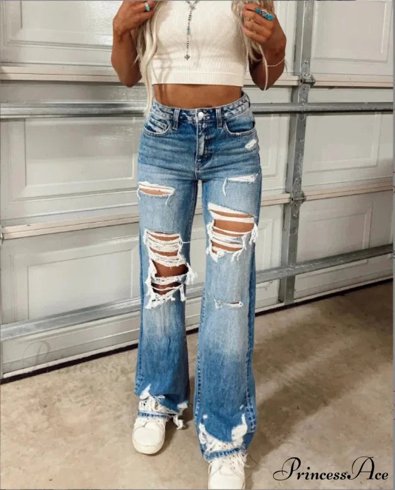 Women High Waist Loose Casual Ripped Hole Straight Pants 2024 Autumn New Drop Shipping Jean Light blue / S