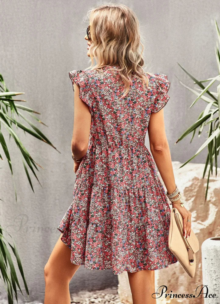 WOMEN HOLIDAY PRINT DRESS S / red