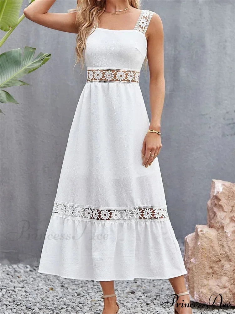 Women Hollow Out Lace Floral Patchwork Square Neck Sleeveless Party Beach Club Summer Streetwear New WHITE / S