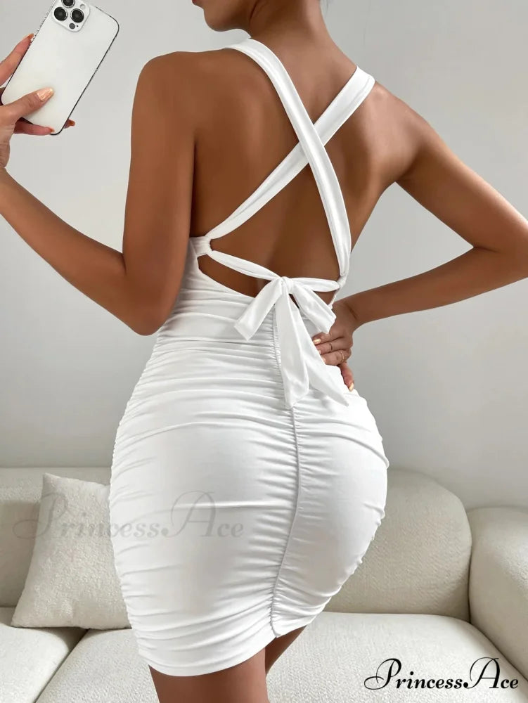 Women Hollow Out Square Collar Sleeveless Mini White Lace Up Backless Ruched Sheath Cut Out Dress