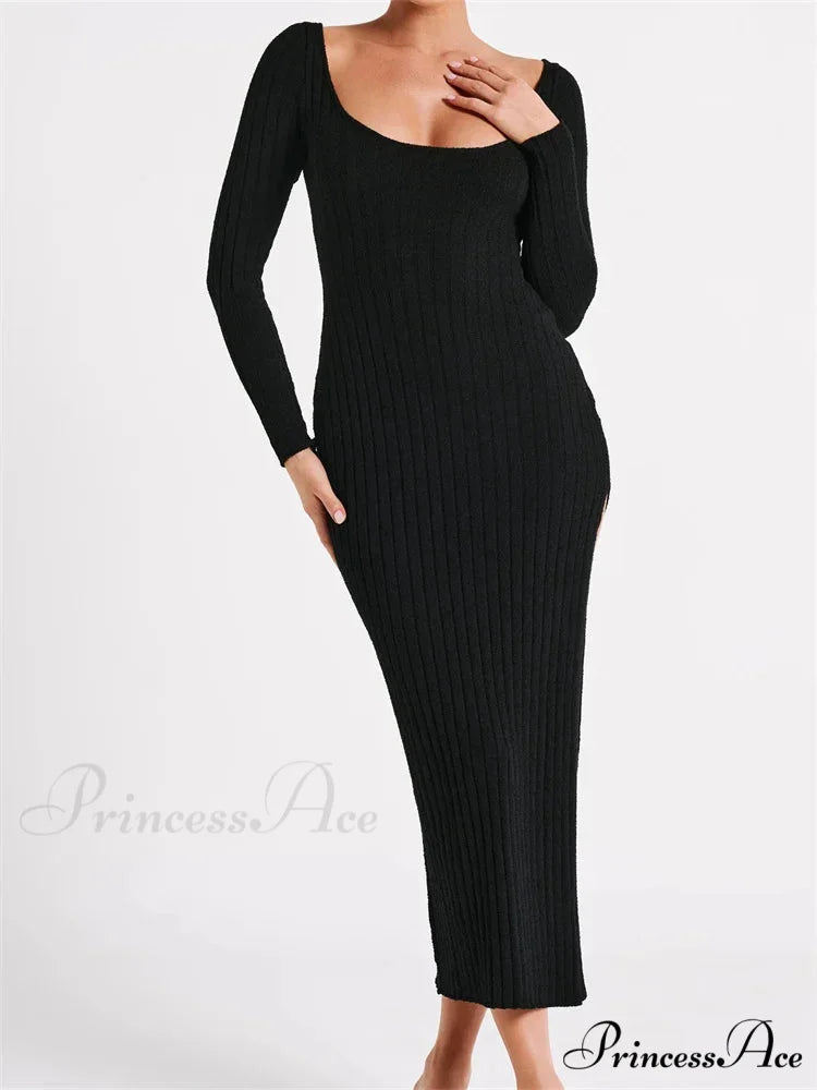 Women Knitted Bodycon Solid Color Ribbed Round Neck Sleeve Side Split Spring Fall Vestidos BLACK / S