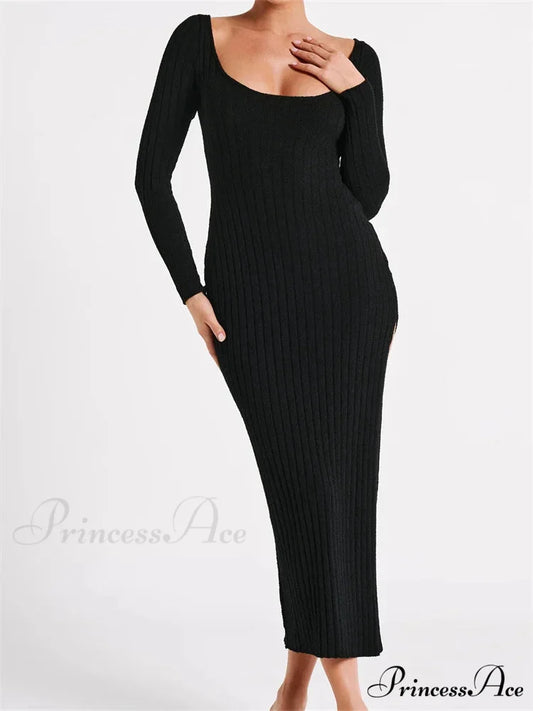 Women Knitted Bodycon Solid Color Ribbed Round Neck Sleeve Side Split Spring Fall Vestidos BLACK / S