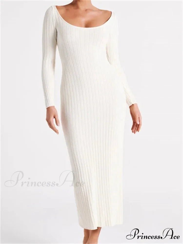 Women Knitted Bodycon Solid Color Ribbed Round Neck Sleeve Side Split Spring Fall Vestidos WHITE / S