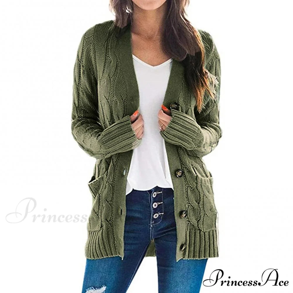 Women Knitted Cardigan Pockets Button Sweater Coat Green / S