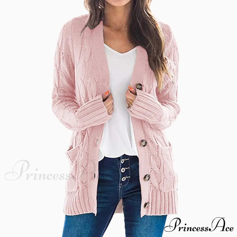 Women Knitted Cardigan Pockets Button Sweater Coat Pink / S