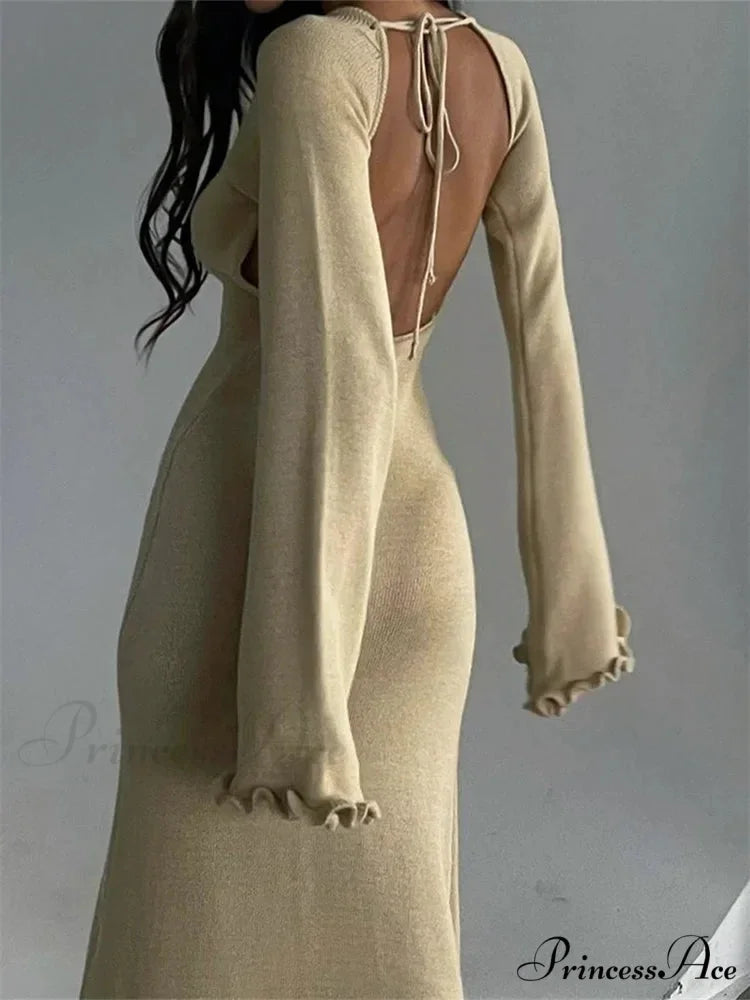 Women Knitted Flare Sleeve Backless Tie-up Round Neck Solid Color Ruffles Hem Beachwear Vestido