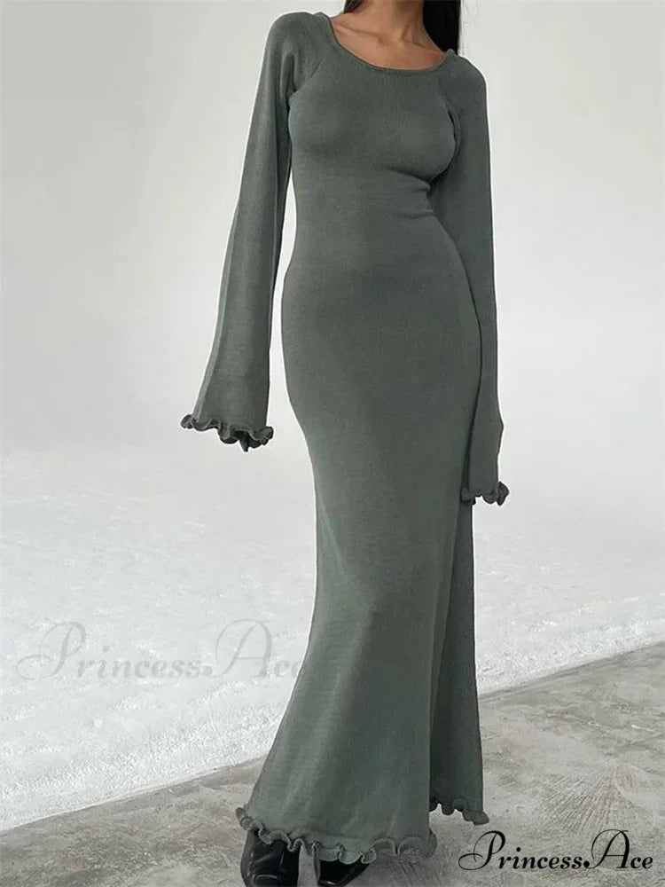 Women Knitted Flare Sleeve Backless Tie-up Round Neck Solid Color Ruffles Hem Beachwear Vestido GRAY / S