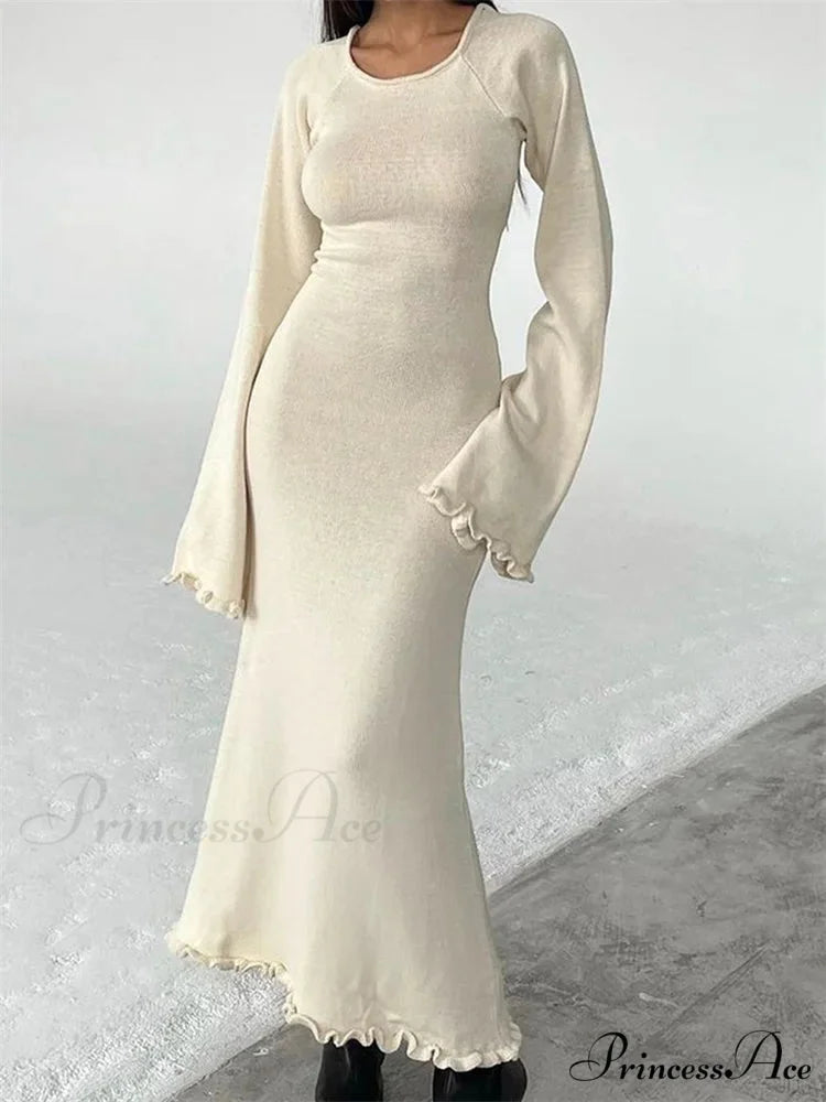 Women Knitted Flare Sleeve Backless Tie-up Round Neck Solid Color Ruffles Hem Beachwear Vestido WHITE / S