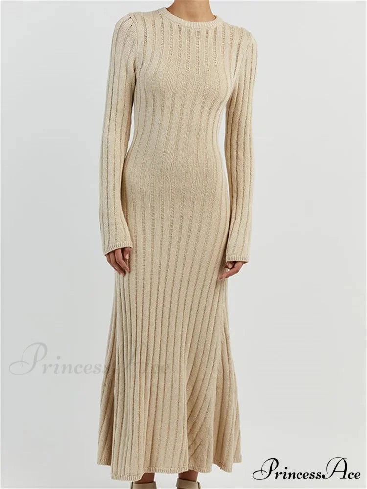 Women Knitted Ribbed Casual Spring Autumn Sleeve Party Beach Cocktail Club Vestidos Streetwear WHITE / S