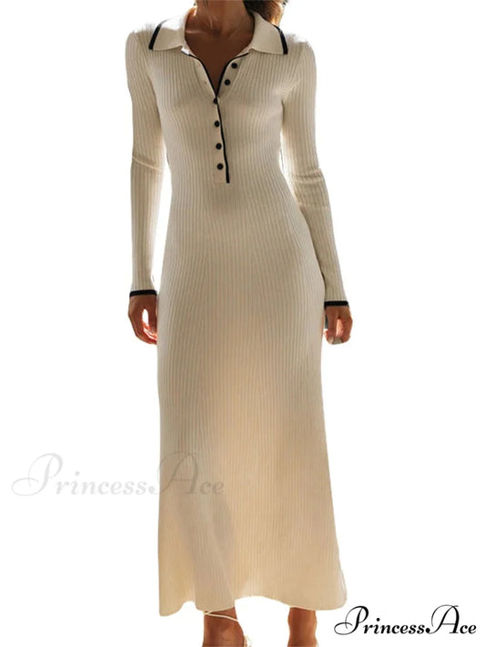 Women Knitted Sleeve Turn-down Neck Buttons Up Ribbed Party Slim Fit Fall Female Vestidos