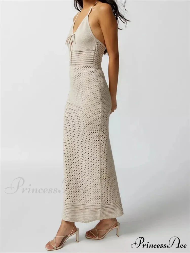 Women Knitted Sleeveless Halter Tie-up Backless Hollow Out Summer Off Shoulder Beach Female Vestidos