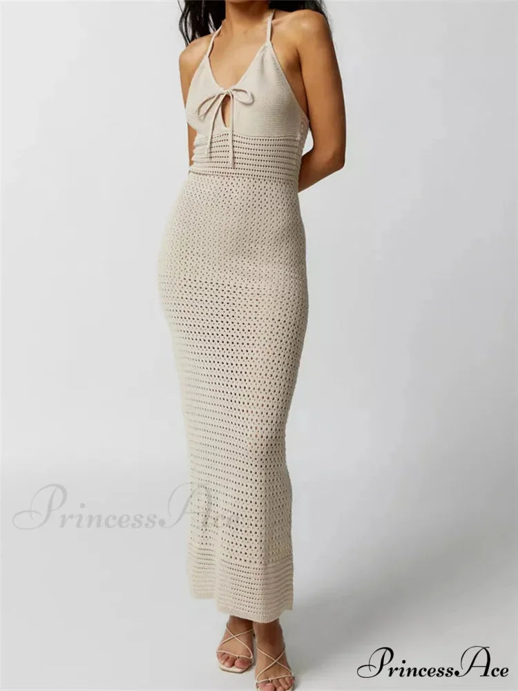 Women Knitted Sleeveless Halter Tie-up Backless Hollow Out Summer Off Shoulder Beach Female Vestidos BEIGE / S
