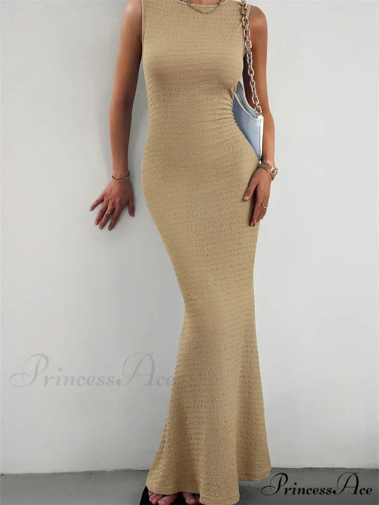 Women Knitted Sleeveless Round Neck Solid Color Slim Fit Ruched Tank Cocktail Party Female Vestidos BEIGE / S